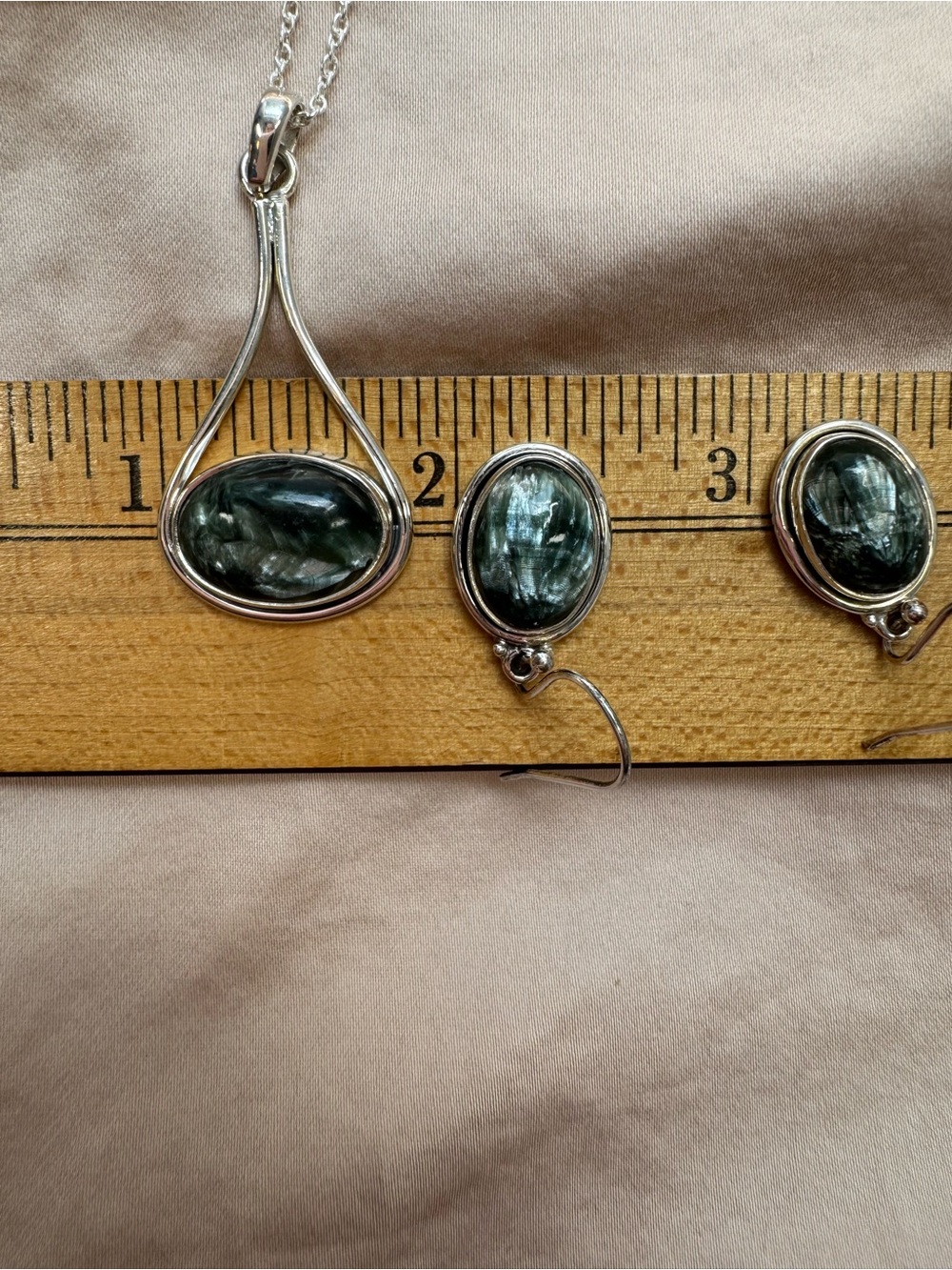Sterling Silver Green Seraphinite Pendant & Earring Oval Necklace Heart chakra - Picture 15 of 16